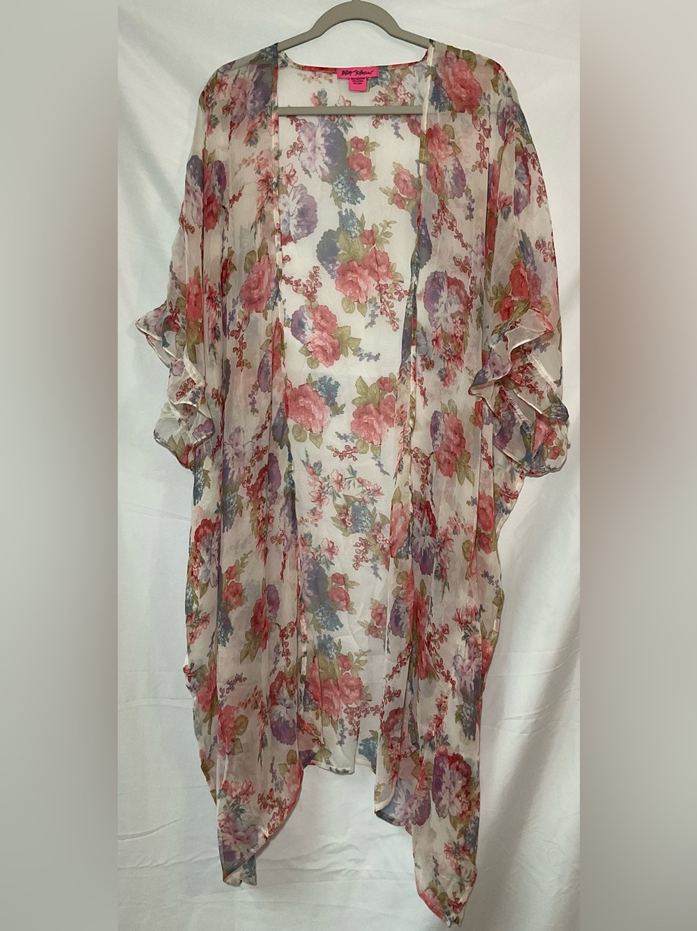 Betsey Johnson Sheer Floral Kimono in Pink, Purple, Blue